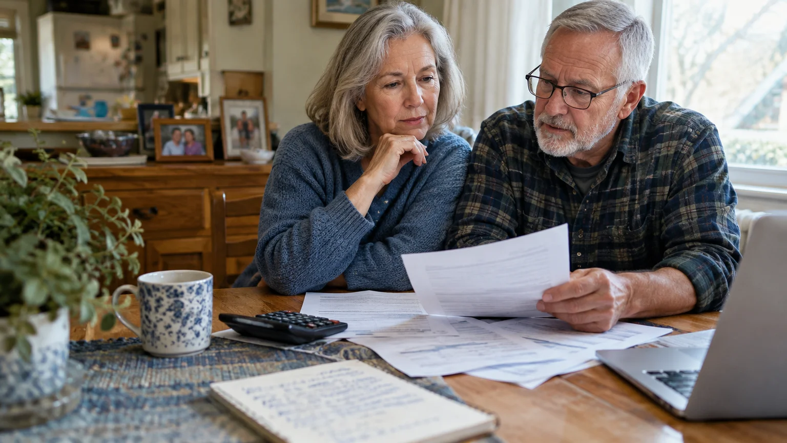 Senior couple sitting at a dining table reviewing financial paperwork beside a calculator and laptop.