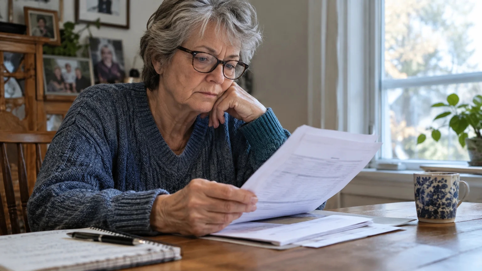 An older woman wearing glasses sits at a table and reads financial documents with a pen and notepad nearby.