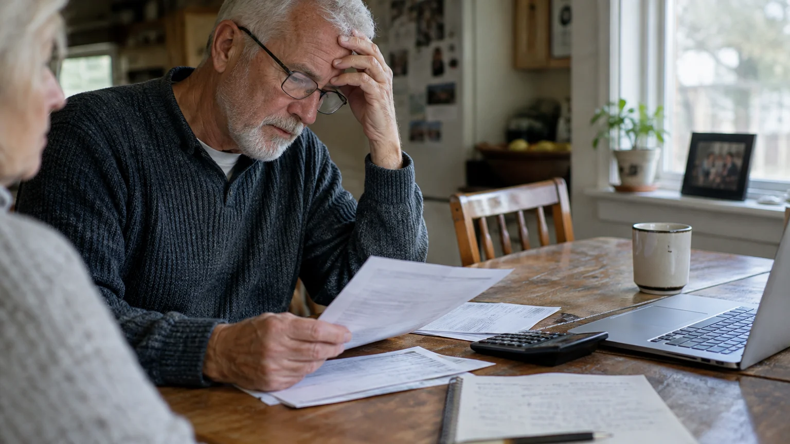An older man with glasses rests his head on his hand while reviewing paperwork at a wooden table with a laptop.