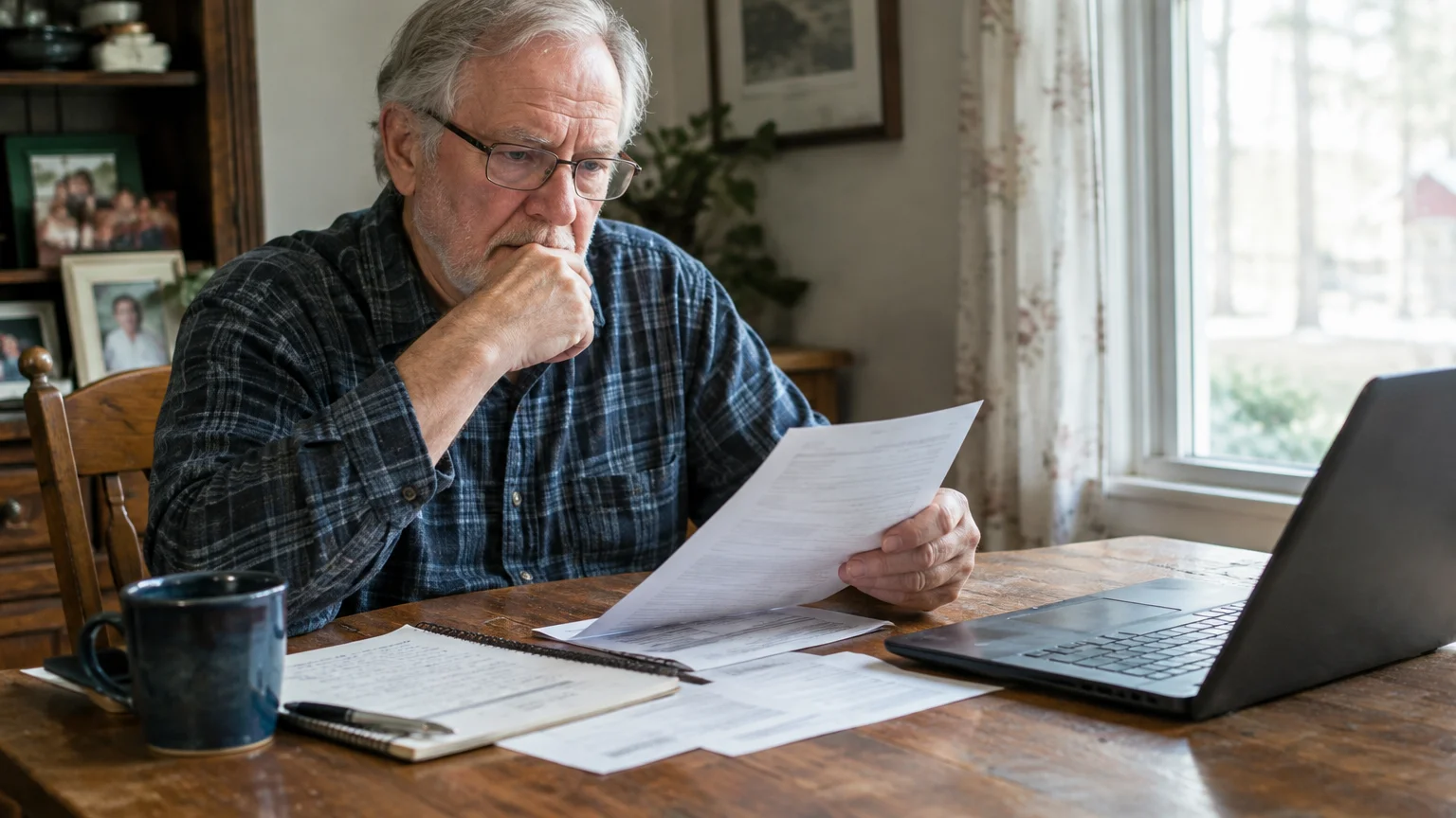 Senior man with glasses seated at a wooden table reviewing printed financial documents beside a laptop.