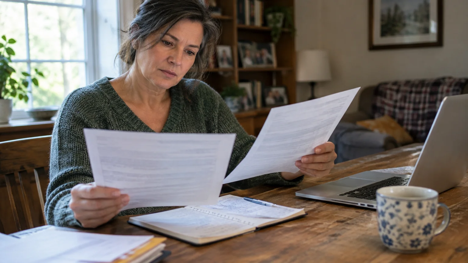A woman sitting at a wooden table reviewing printed financial documents alongside a laptop and an open notebook.