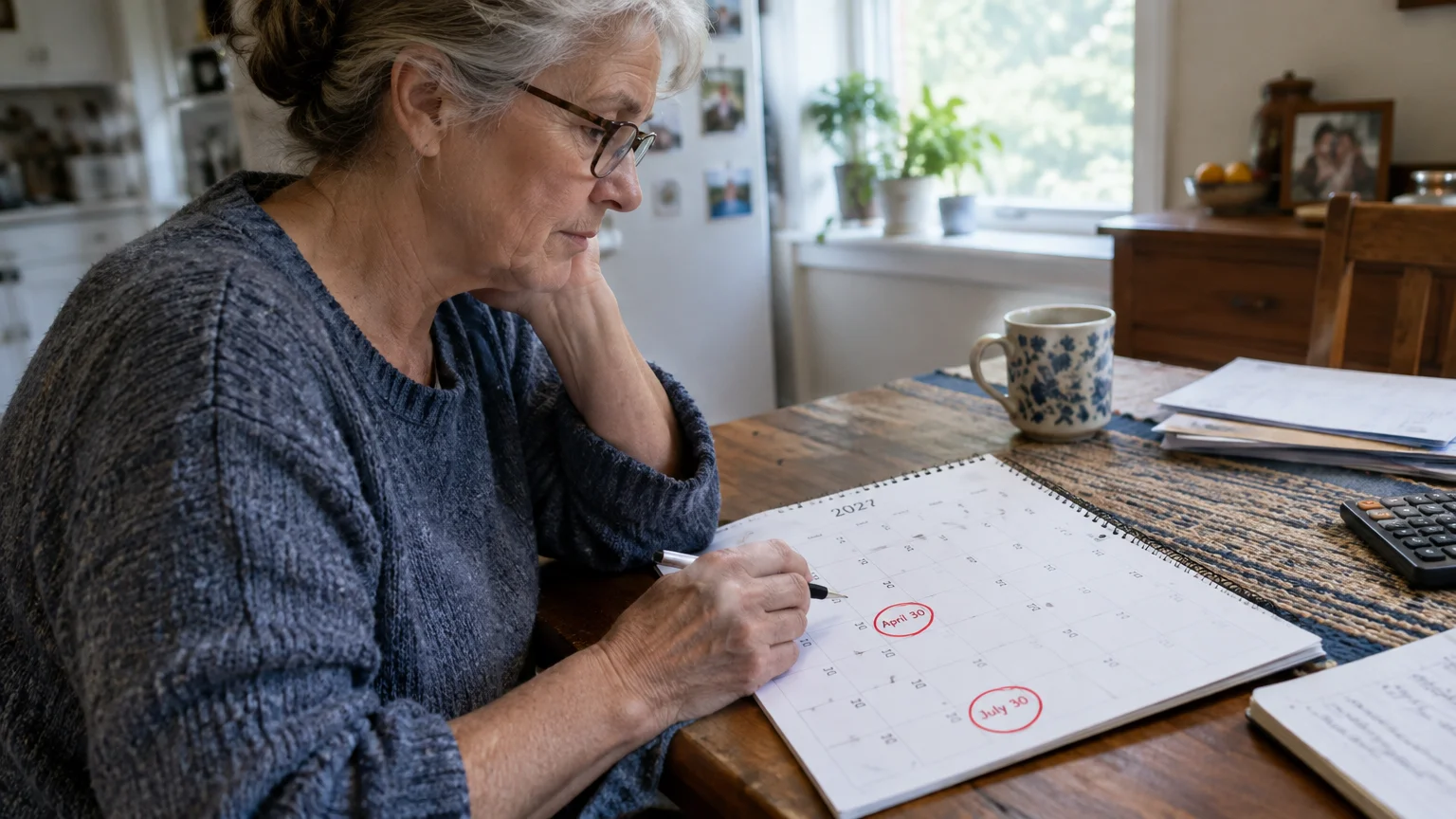 Woman seated at a dining table holding a pen over a 2027 calendar with April 30 and July 30 circled in red.
