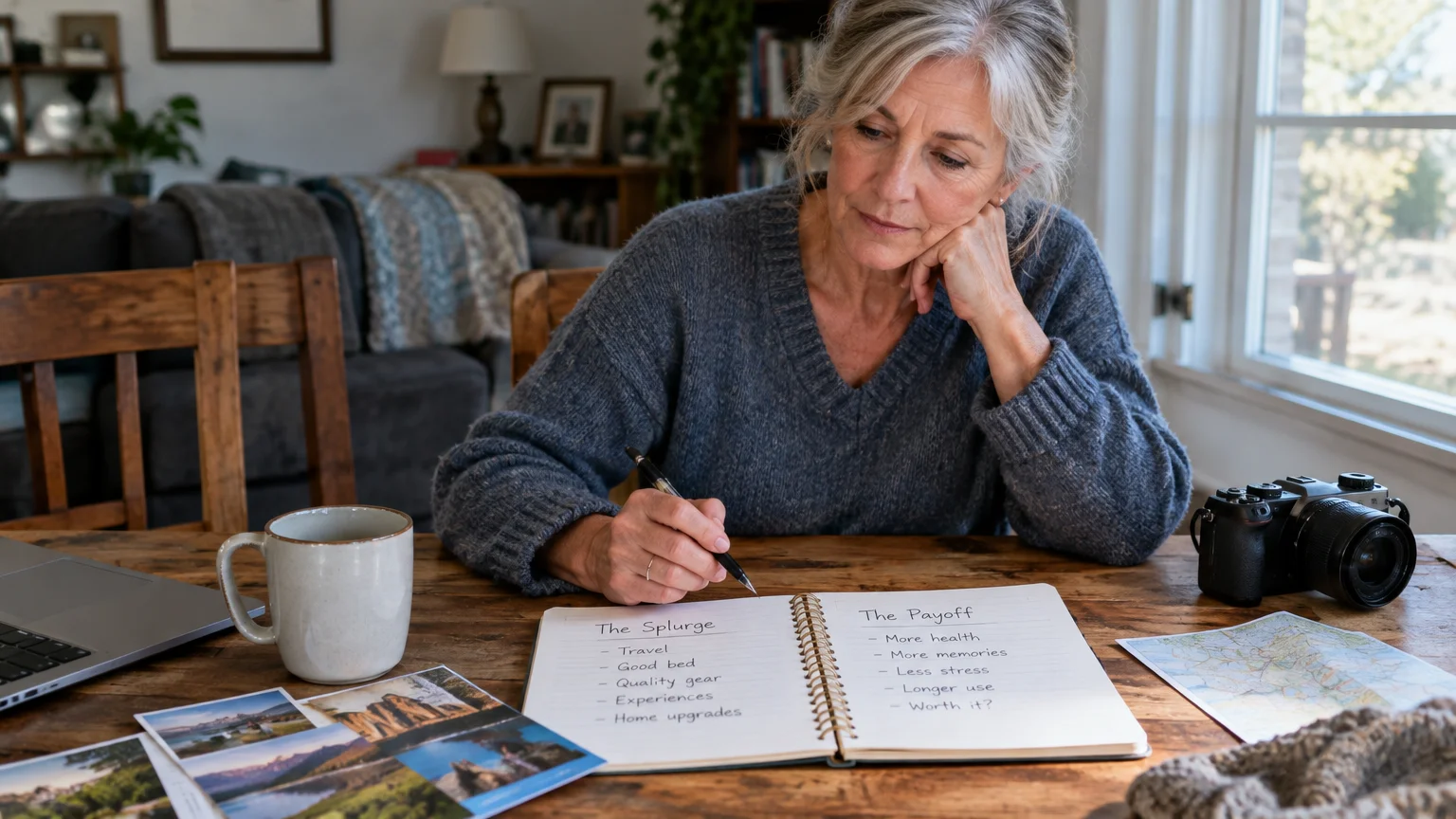 A woman sitting at a wooden table writes in a notebook comparing splurges with potential payoffs.