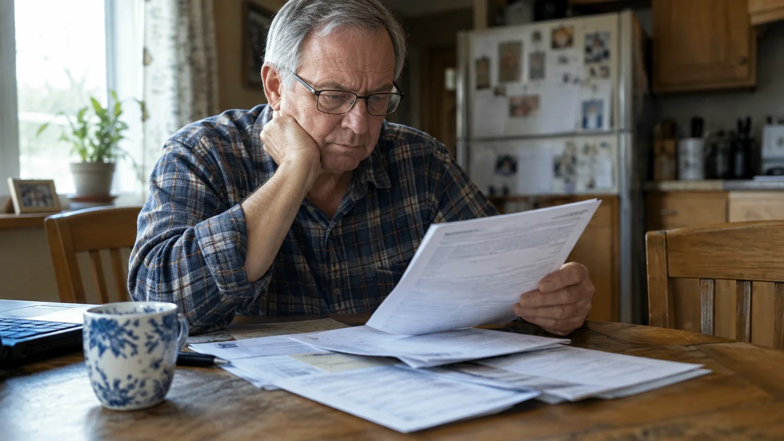A senior man wearing glasses sits at a kitchen table, leaning his head on his hand while reading printed paperwork.