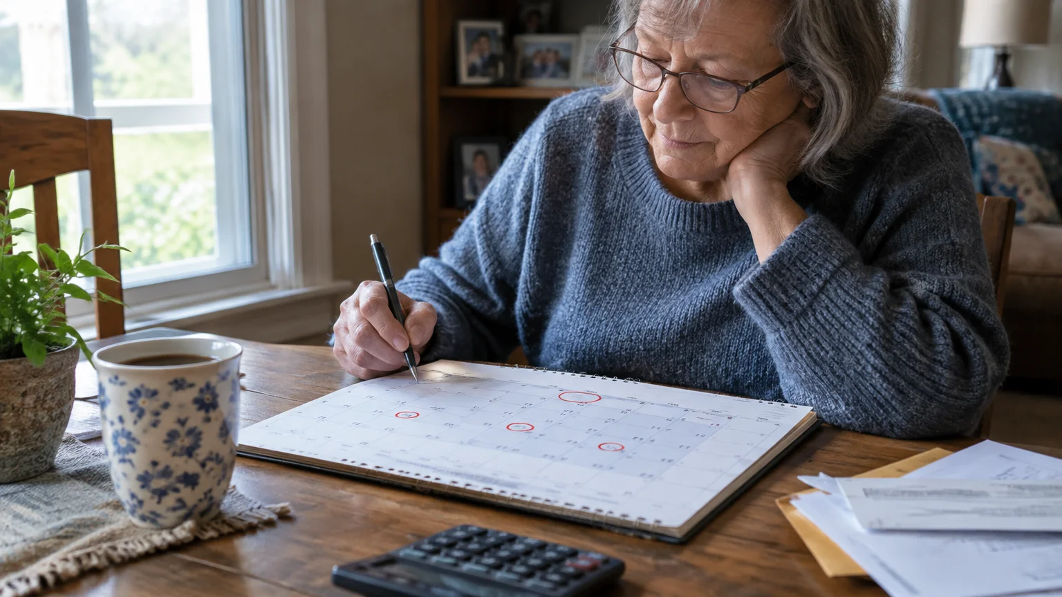 Senior woman in glasses seated at a table marking dates on a desk calendar with a calculator nearby.