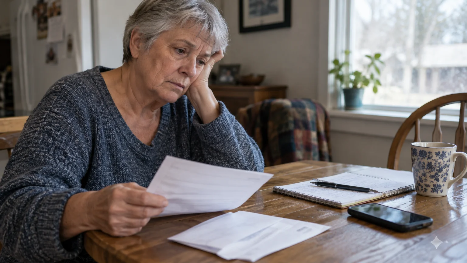 A senior woman sitting at a wooden table looking anxiously at a letter, with a notebook, phone, and mug nearby.