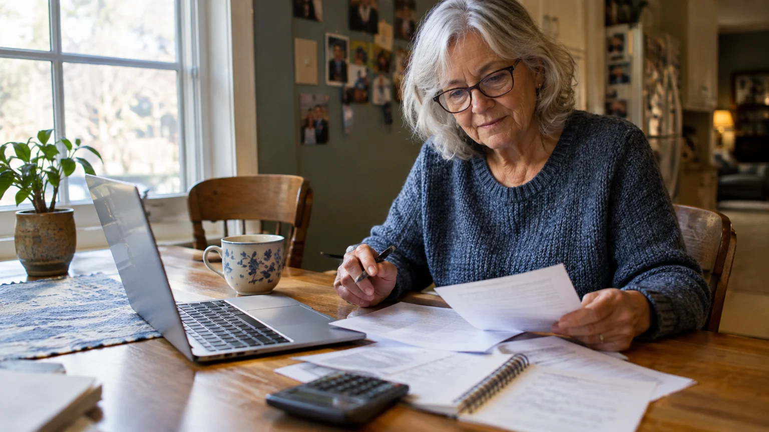 Senior woman with glasses reviewing papers and using a laptop with a calculator at a wooden dining table.