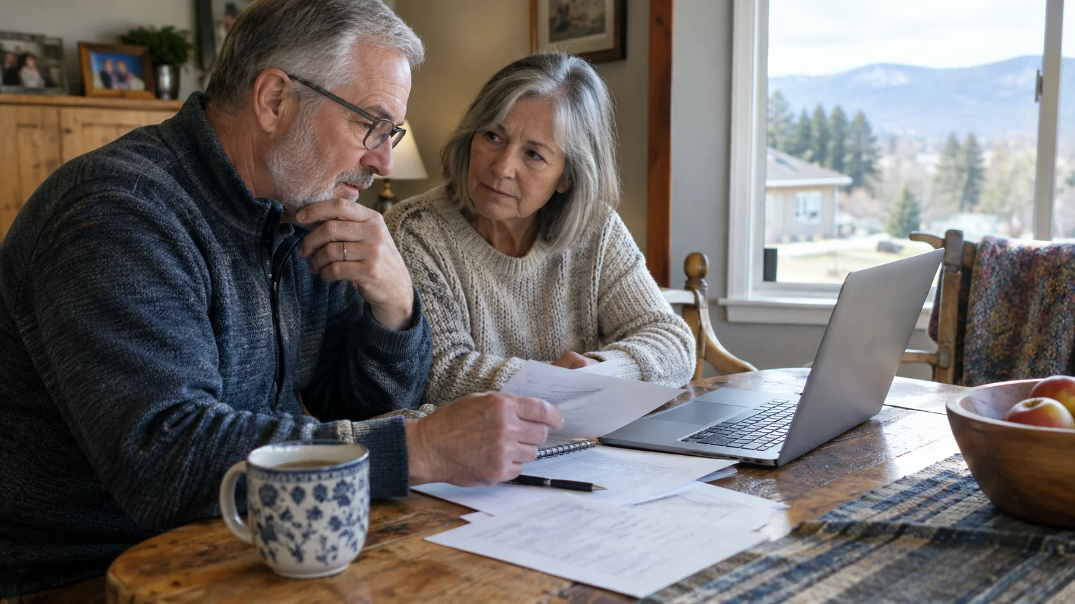 A senior couple sits at a wooden dining table reviewing paperwork in front of an open laptop.