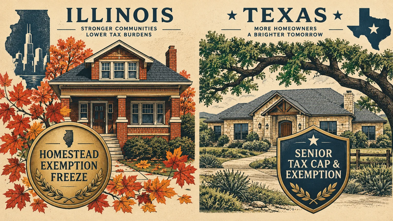 Split illustration of a brick bungalow under Illinois and a stone ranch house under Texas with property tax badges.