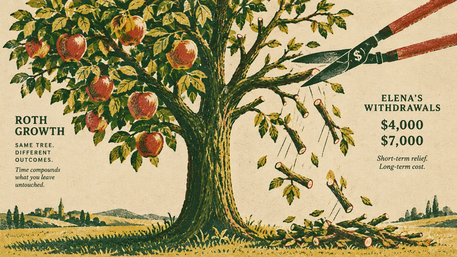 Apple tree with shears cutting branches on the right, contrasting Roth growth against Elena's early retirement withdrawals.