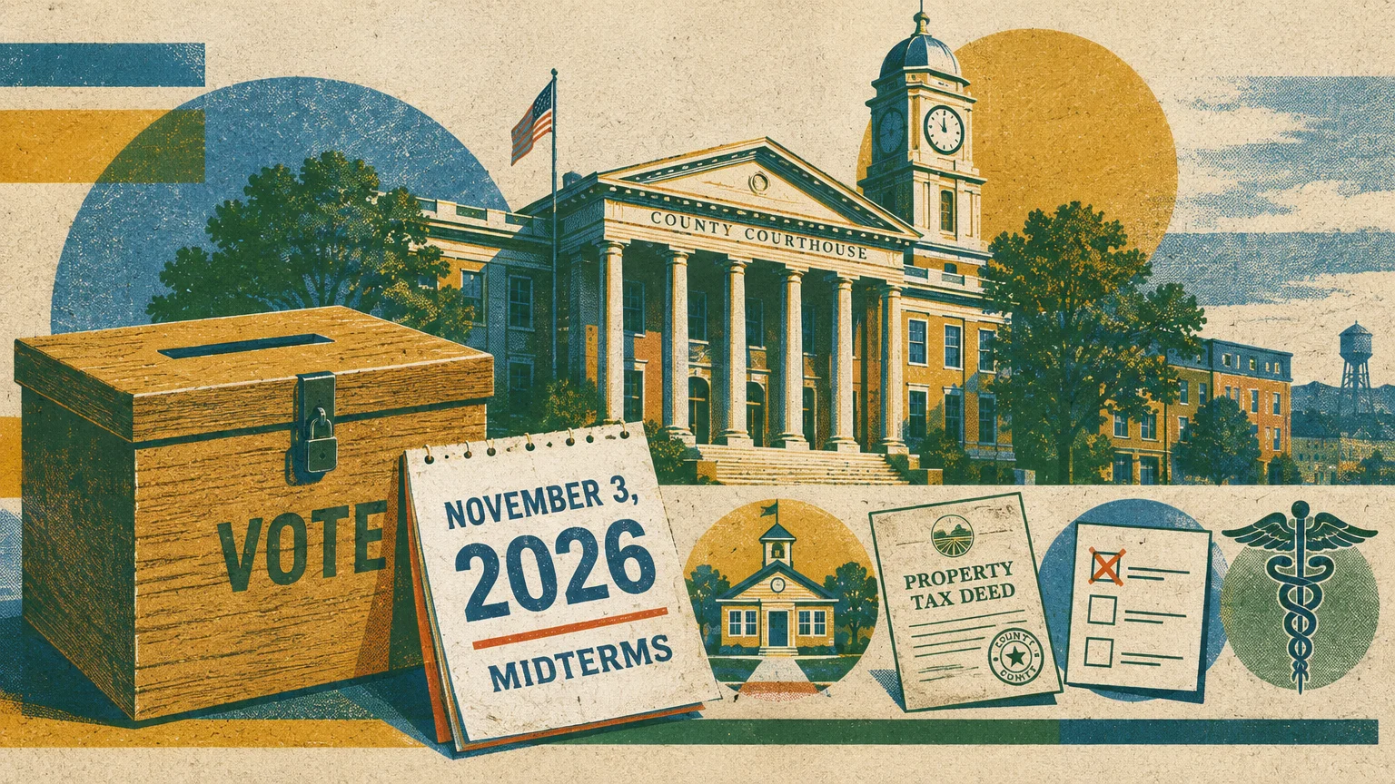 Illustration of a county courthouse with a wooden ballot box, a 2026 midterms calendar, tax deed, and ballot icons.