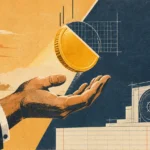 Illustration of an open hand catching a gold coin beside a bank vault blueprint against a split city and night sky.
