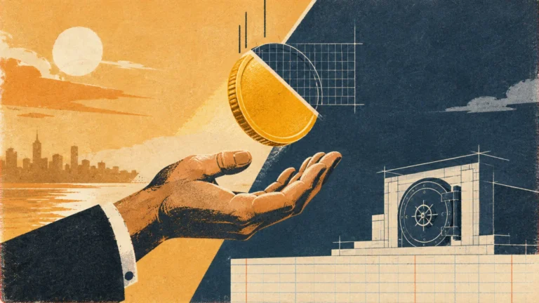 Illustration of an open hand catching a gold coin beside a bank vault blueprint against a split city and night sky.