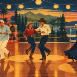 Illustration of three senior couples dancing shag, two-step, and ballroom styles across a lit outdoor terrace at sunset.