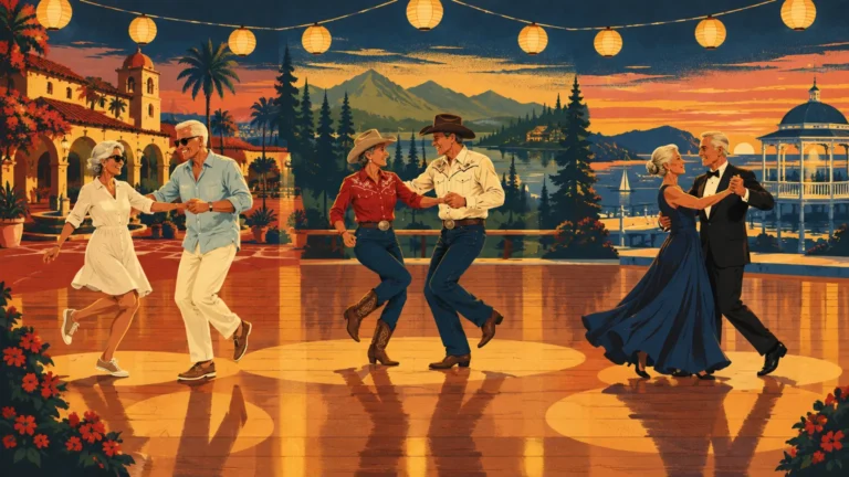 Illustration of three senior couples dancing shag, two-step, and ballroom styles across a lit outdoor terrace at sunset.