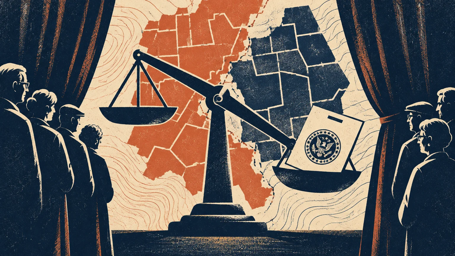 Illustration of people watching a scale tipped by a ballot box against an electoral map background.