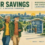 Illustration of an older couple walking past kiosks for pharmacy care, public transit, and residential property savings.