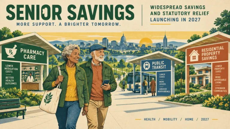 Illustration of an older couple walking past kiosks for pharmacy care, public transit, and residential property savings.