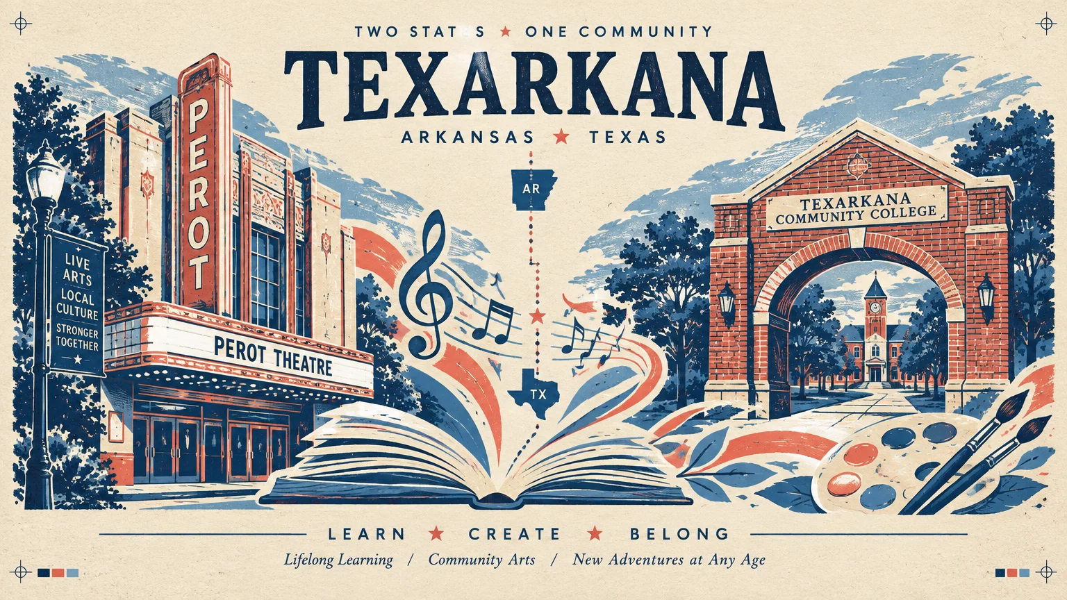 Vintage travel-style poster of Texarkana featuring the Perot Theatre, Texarkana Community College, an open book, and art supplies.