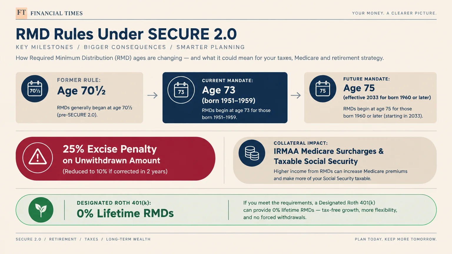 Infographic outlining SECURE 2.0 RMD age milestones from 70½ to 75, penalty details, and designated Roth 401(k) benefits.