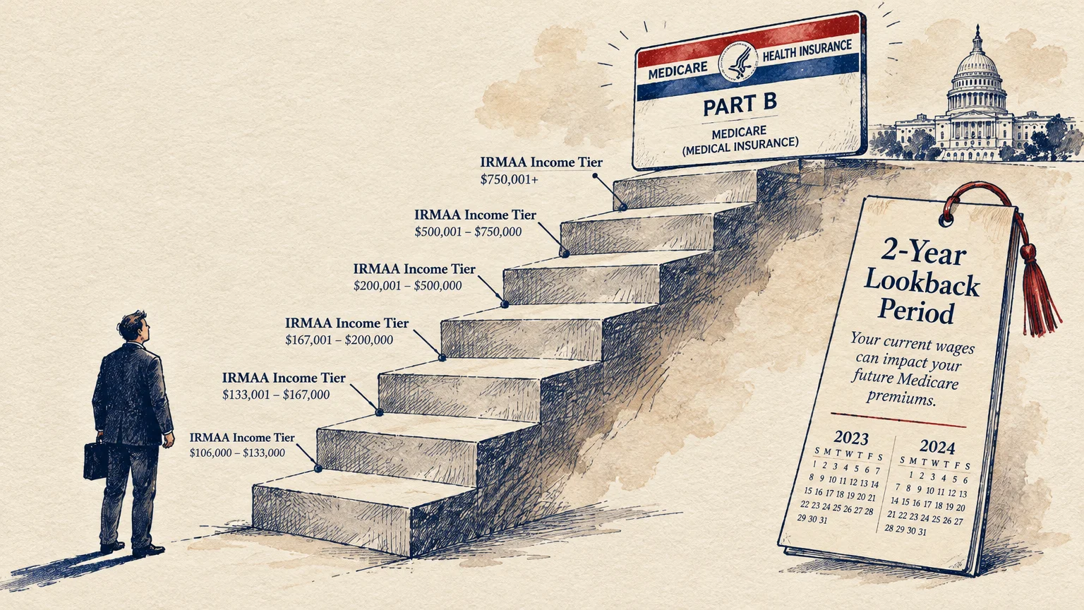Illustration of a businessman looking up stone stairs marked with IRMAA income tiers toward a Medicare Part B card.