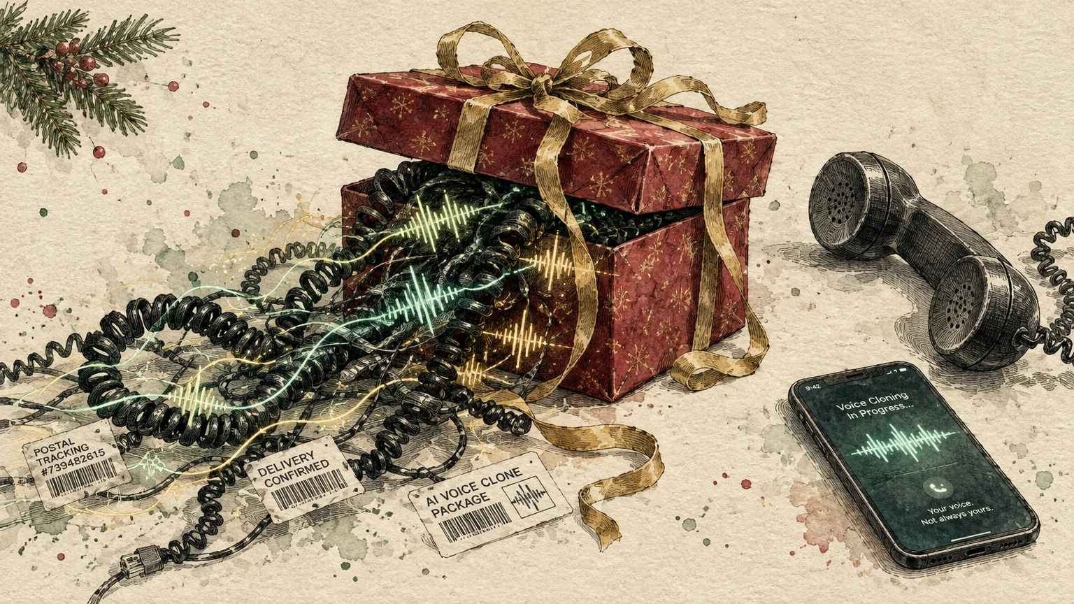 Illustration of an opened gift box spilling tangled telephone cords, sound waves, fake labels, and a ringing smartphone.