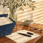 Watercolor illustration of an expanding file organizer with folders labeled Living Trust, Directives, and Deeds on a desk.