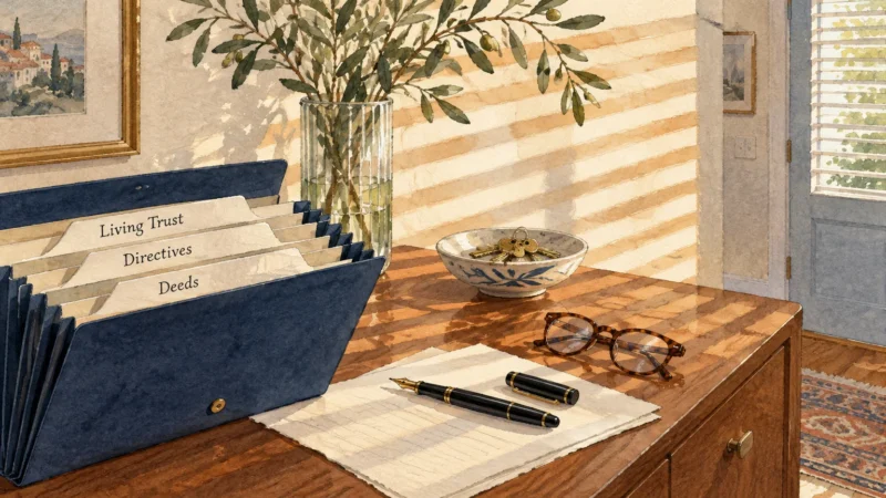 Watercolor illustration of an expanding file organizer with folders labeled Living Trust, Directives, and Deeds on a desk.