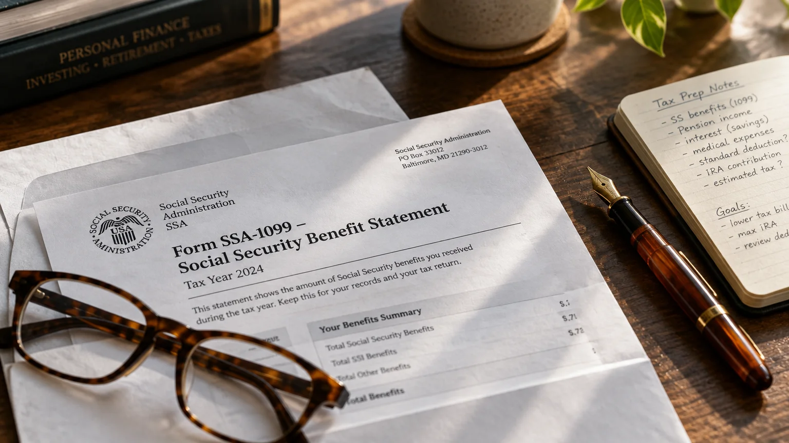 Form SSA-1099 statement on a wooden desk beside eyeglasses, a fountain pen, and a tax prep notebook.