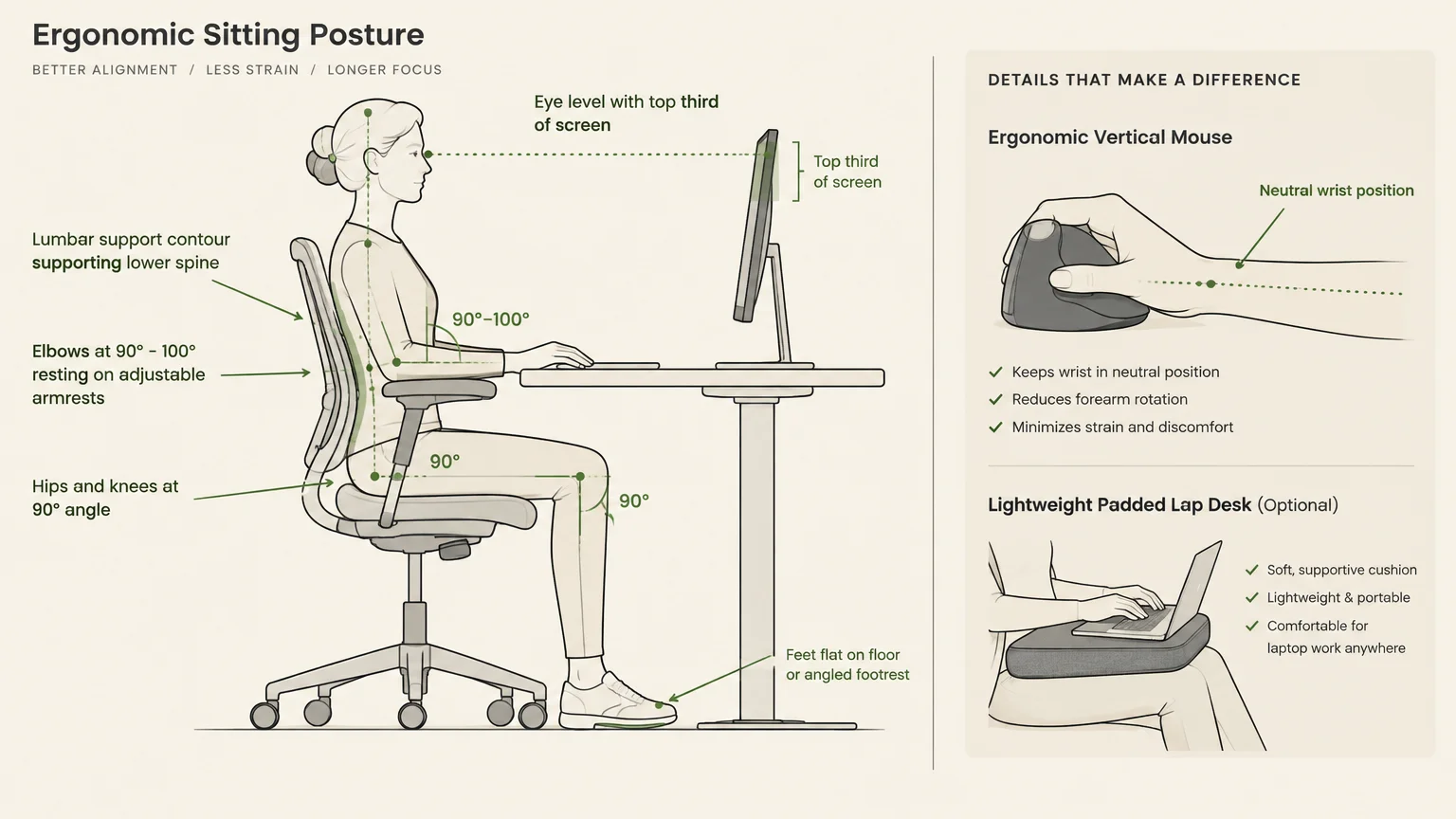 Diagram showing proper desk ergonomics, including seated posture at a computer, a vertical mouse, and a lap desk.