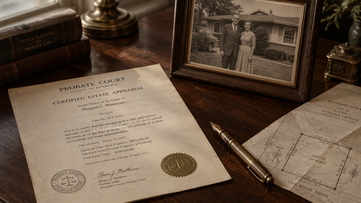 A certified estate appraisal document on a desk next to a framed black-and-white family photo, fountain pen, and land survey.