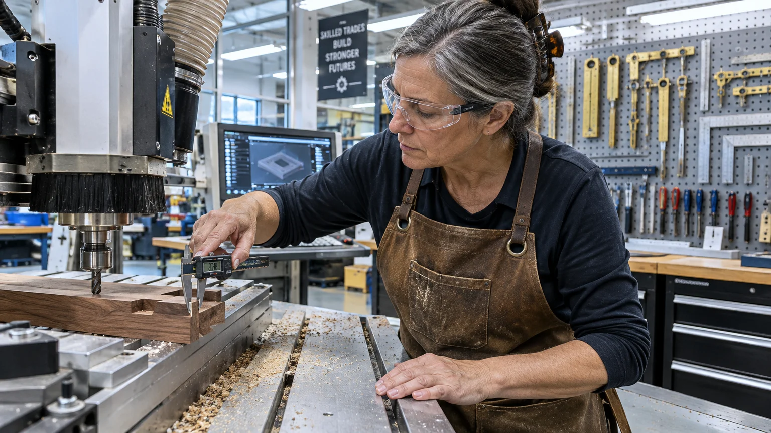 Mature woman wearing safety glasses and an apron measures a carved wooden piece with digital calipers near a CNC machine.