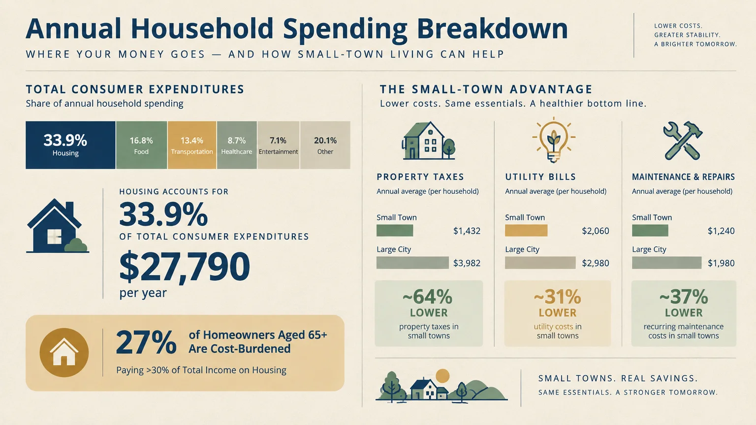 Infographic showing annual household spending breakdown, comparing housing costs, taxes, and utilities in small towns versus cities.