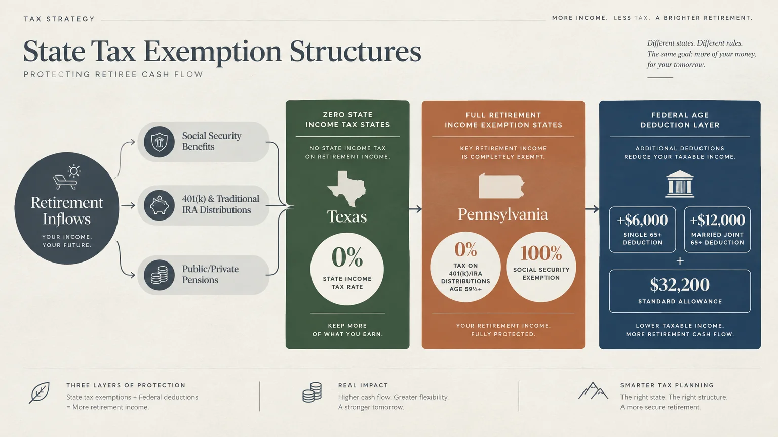 Diagram outlining retirement tax exemptions across zero-tax Texas, full-exemption Pennsylvania, and federal deductions.