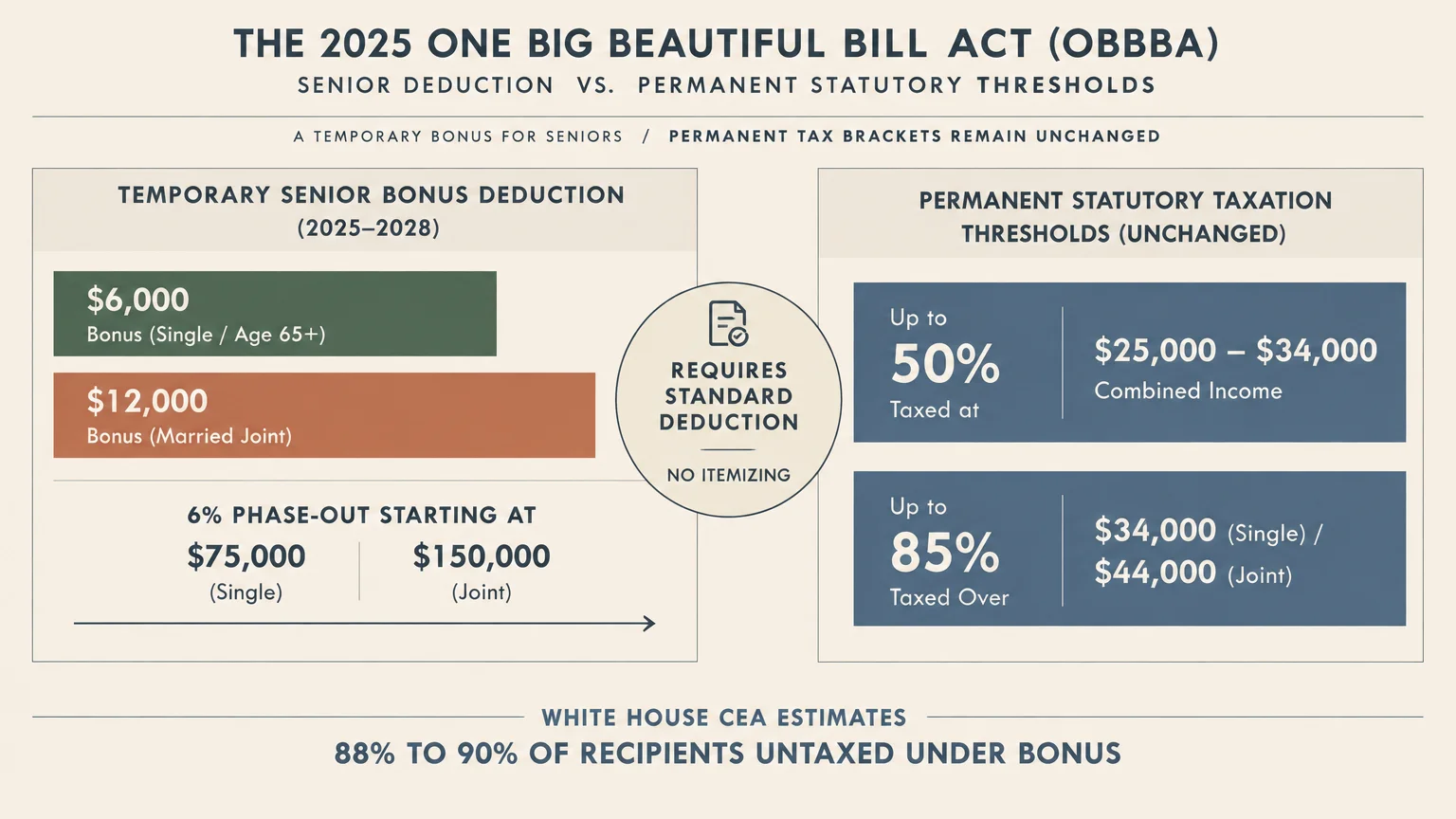 Diagram comparing temporary senior bonus deductions with permanent statutory Social Security taxation thresholds.