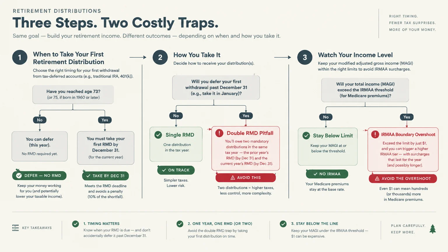 Three-step flowchart diagram mapping retirement distribution choices, double RMD pitfalls, and IRMAA income limits.