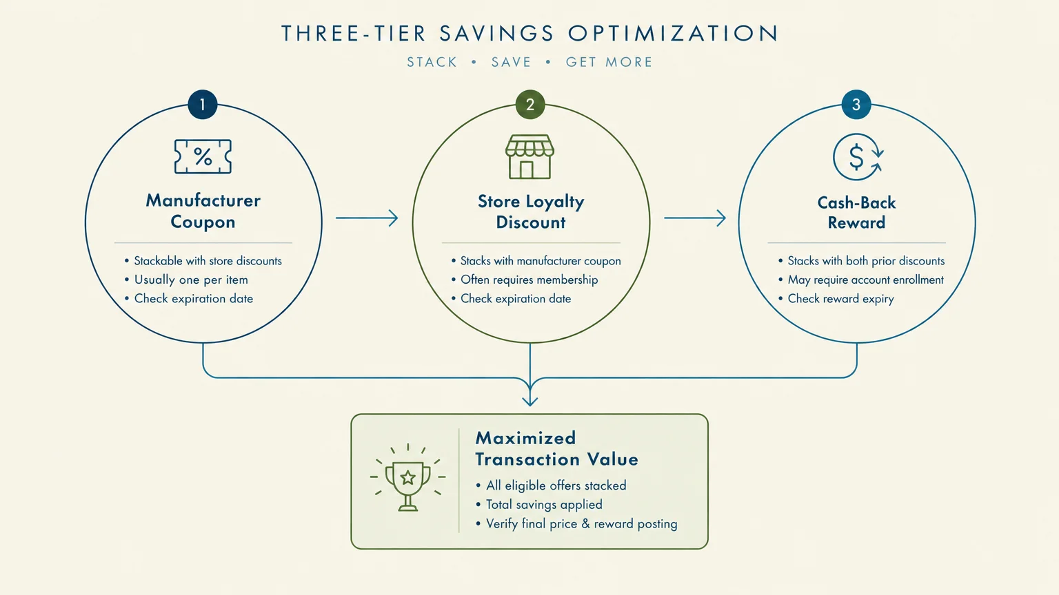 Diagram outlining three-tier savings optimization showing coupons, loyalty discounts, and cash-back rewards feeding into max value.