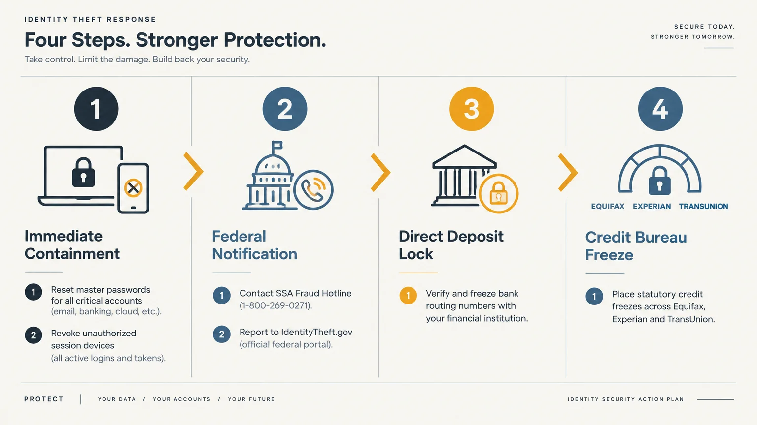Four-step diagram outlining immediate containment, federal notification, direct deposit lock, and credit bureau freeze.