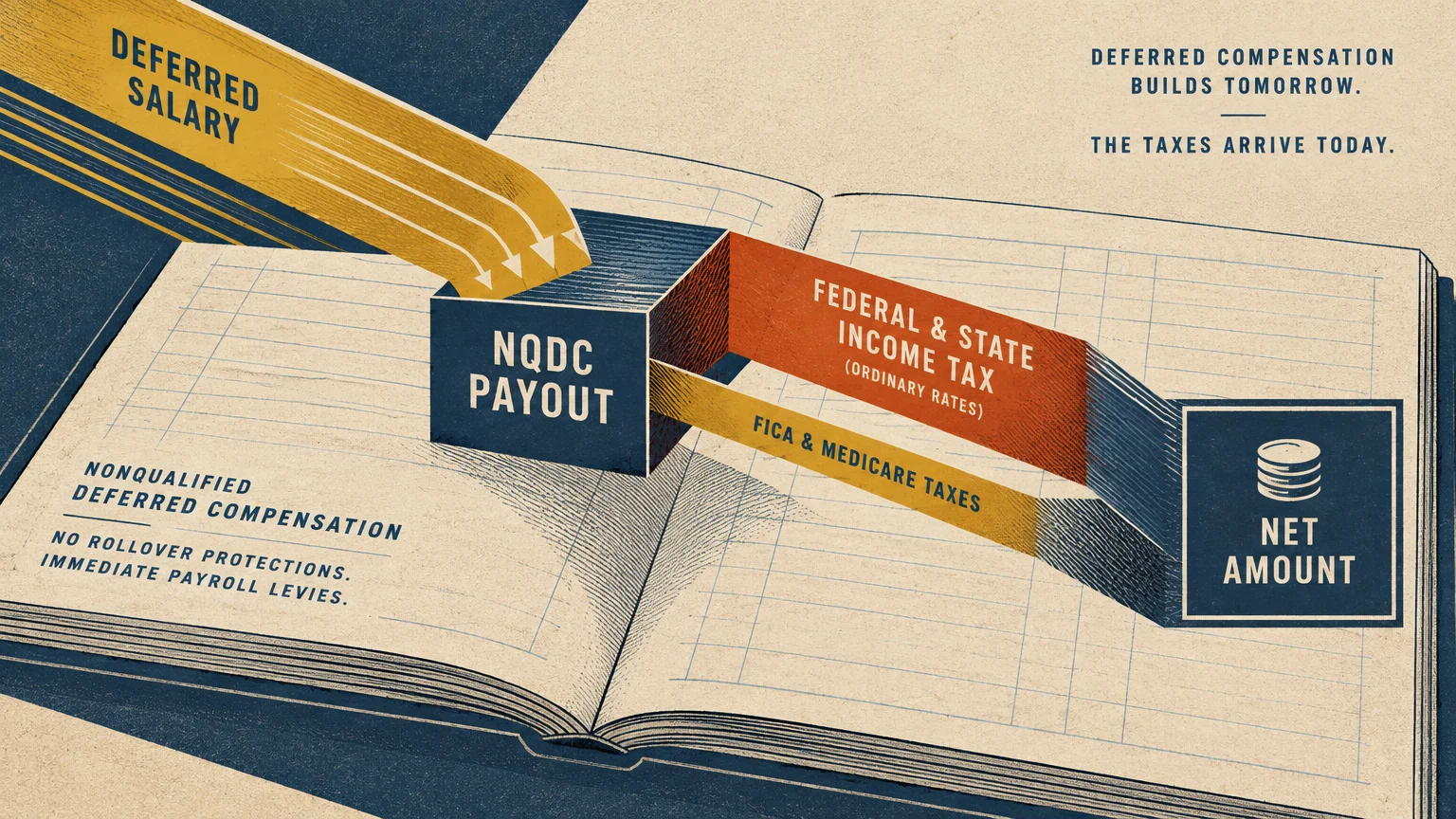 Graphic diagram on an open ledger showing deferred salary flowing into an NQDC payout block and splitting into taxes and net amount.