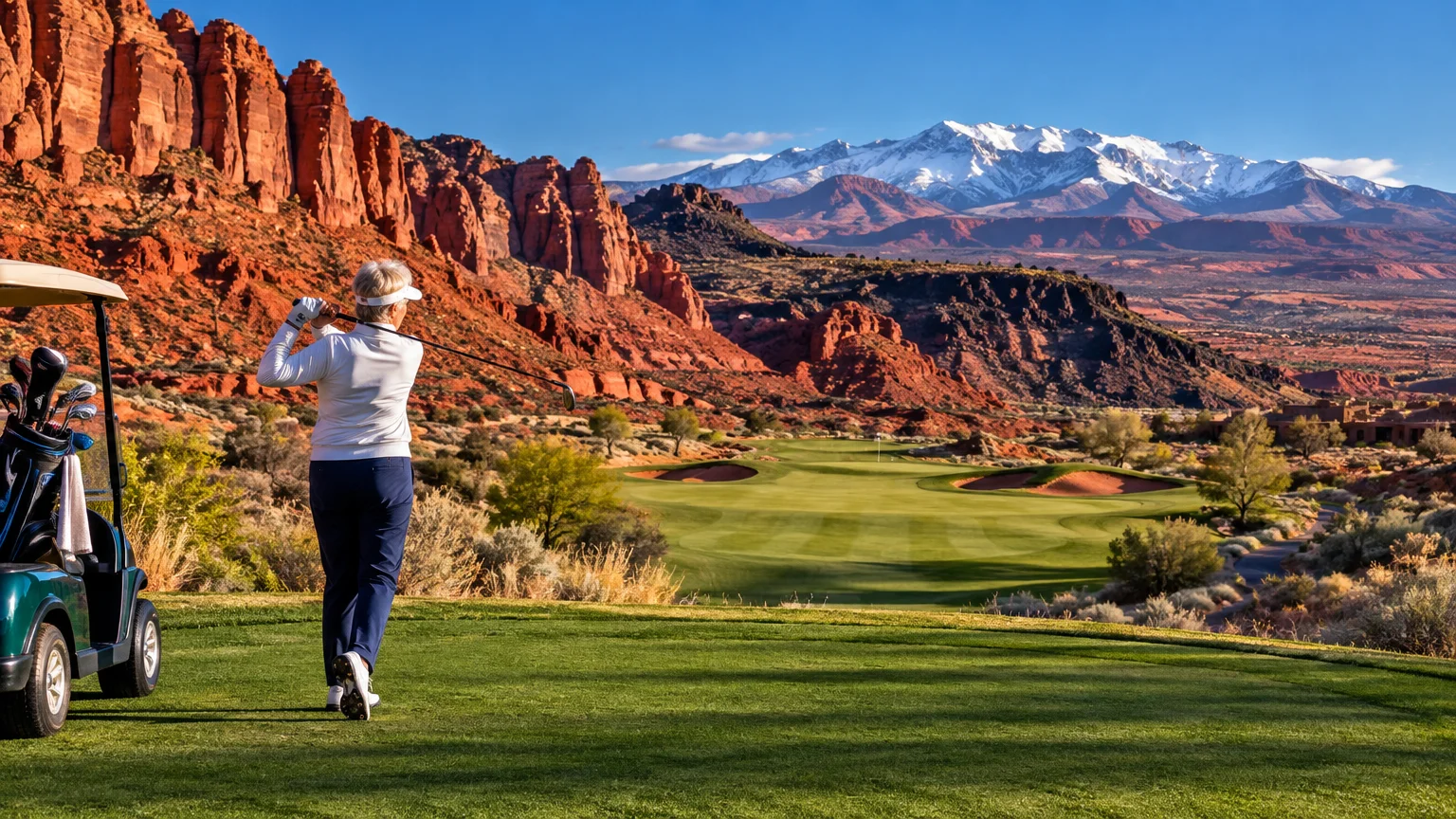 A woman swinging a golf club on a scenic green course framed by red rock cliffs and snow-capped mountains.