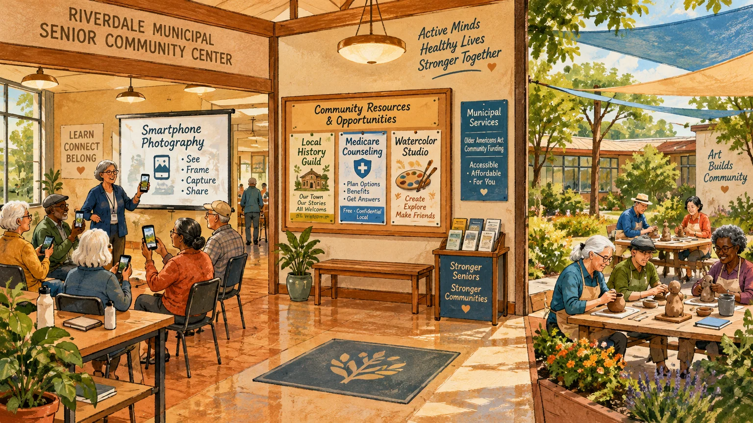 Illustration of seniors at a community center taking a smartphone photography class indoors and sculpting pottery outdoors.