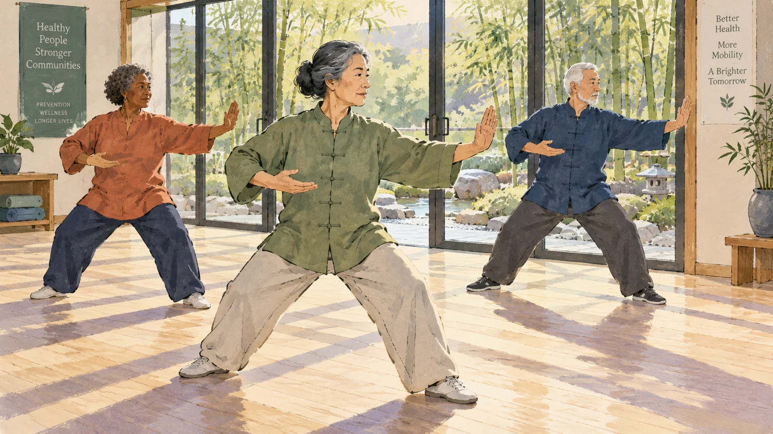 Illustration of three diverse seniors practicing tai chi movements in a sunlit studio with bamboo garden views.