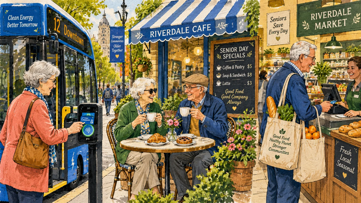 Illustration of older adults boarding a city bus, enjoying coffee outside a cafe, and buying groceries at a market.