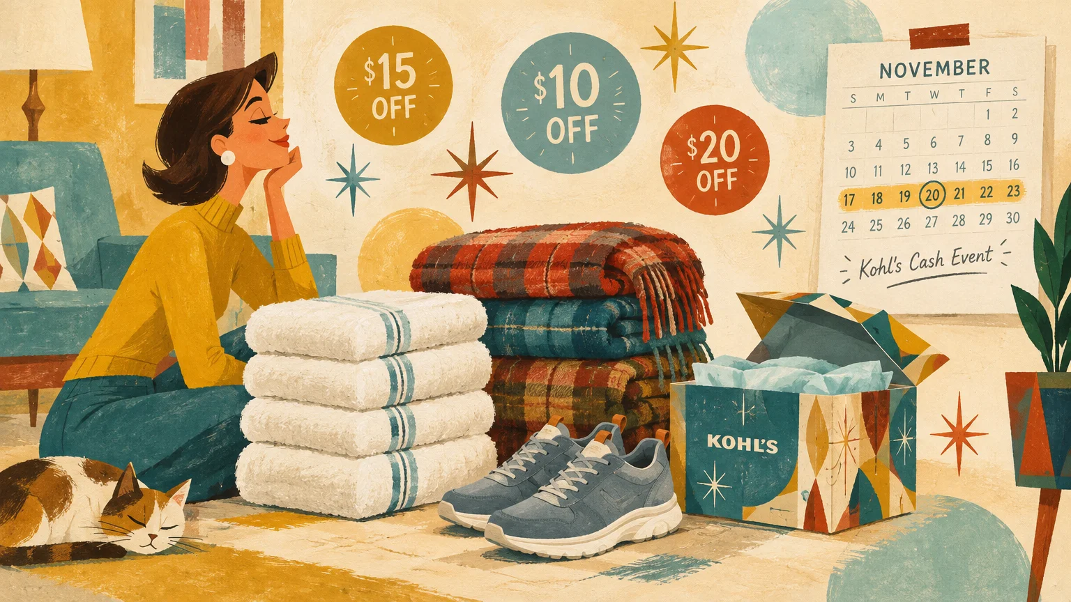Retro illustration of a woman beside folded blankets, towels, sneakers, a Kohl's box, and a Kohl's Cash Event calendar.