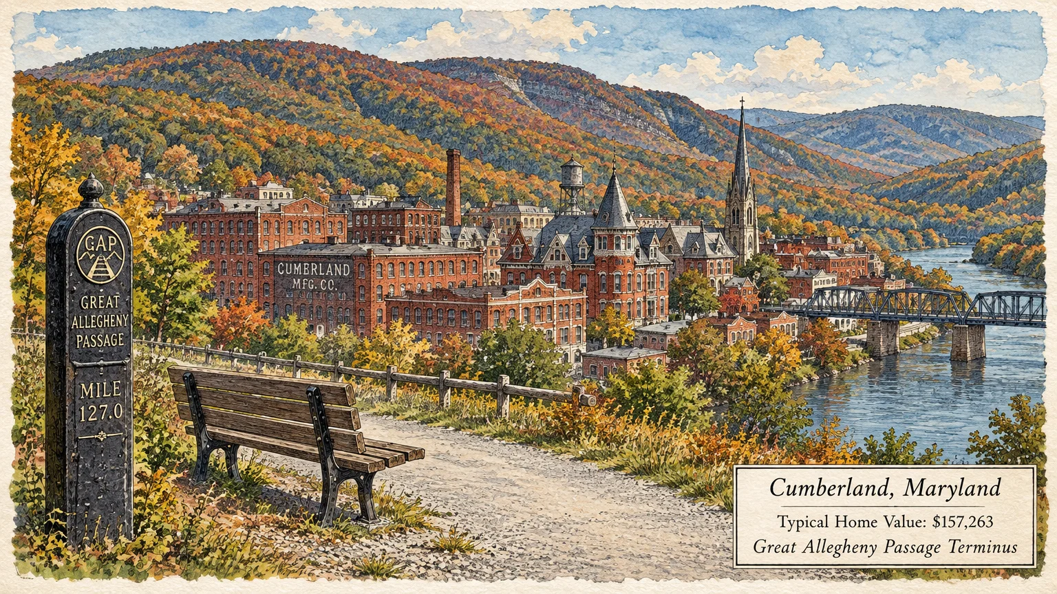 Watercolor of Cumberland, Maryland, featuring autumn mountain slopes, brick buildings, a river, and a trail marker.