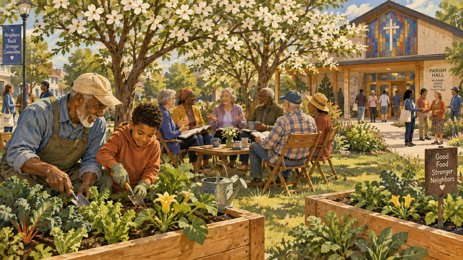 Illustration of people gardening, talking at tables, and gathering outside a parish hall church in a blooming courtyard.