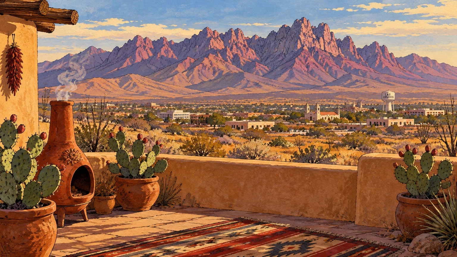 Illustration of an adobe patio with chiminea and potted cacti overlooking Las Cruces and the jagged Organ Mountains.