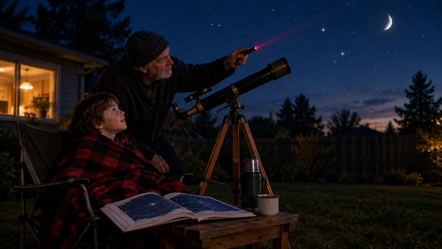 Grandfather and boy in a backyard at night stargazing with a telescope and red laser pointer under a crescent moon.