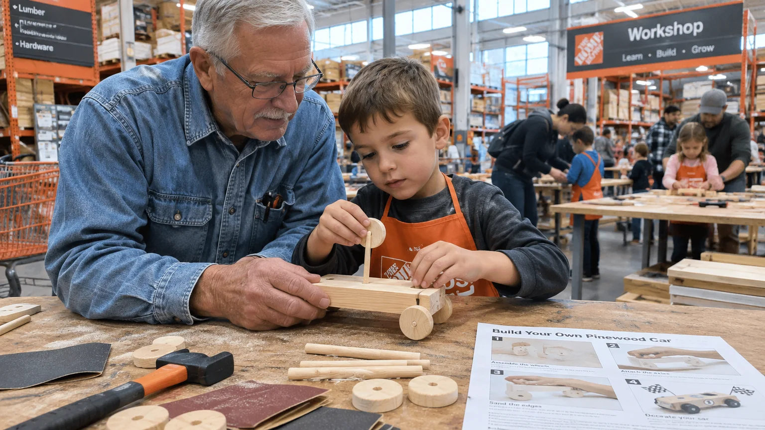 An older man and a young boy assemble a wooden toy car at a workbench inside a Home Depot workshop.