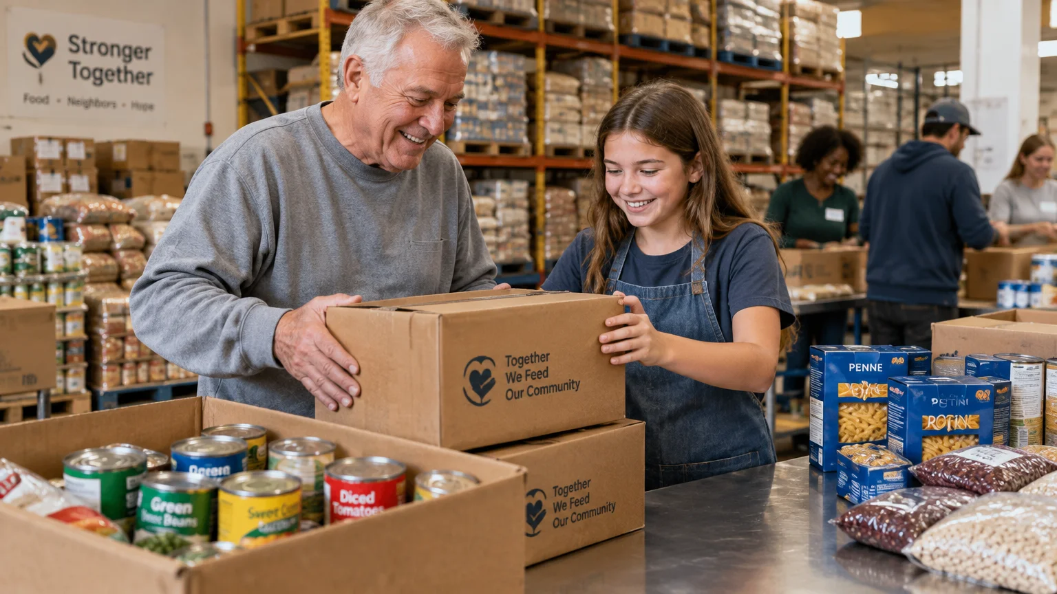 A smiling older man and young girl pack cardboard donation boxes with canned food at a busy community pantry warehouse.